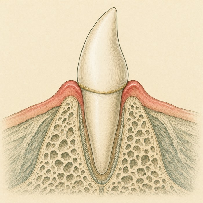 Illustrated cross-section of a dog tooth with stage 1 gingivitis: mild red inflammation at the gum edge, a thin line of plaque at the gum line, healthy bone