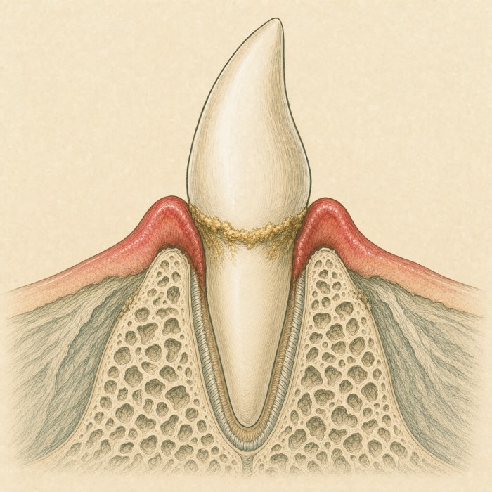 Illustrated cross-section of a dog tooth with stage 2 early periodontitis: tartar at and just under a swollen gum margin, earliest bone changes