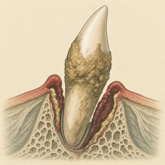 Illustrated cross-section of a dog tooth with stage 4 advanced periodontitis: crown crusted in calculus, severely receded infected gums, major bone loss and a loose tooth